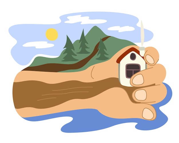 Vector big hand holding small house surrounded by natural landscape.