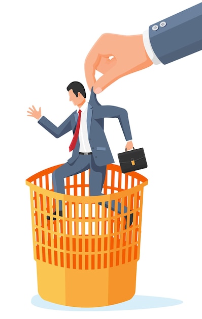 Big hand throwing businessman into trash can