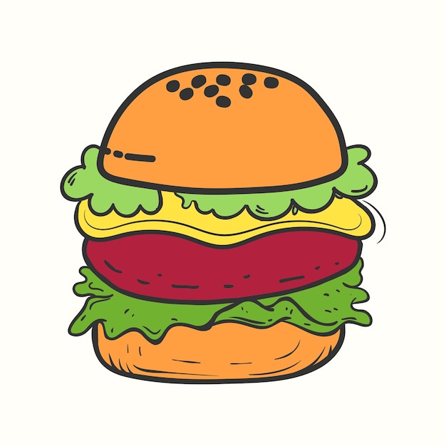肉サラダとチーズを添えた大きな手描きのハンバーガーのイラスト