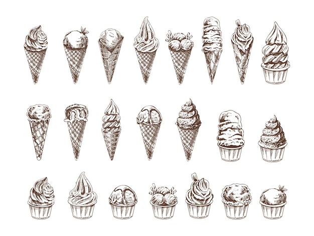 Vettore grande schizzo disegnato a mano di gelato o yogurt congelato in tazze e coni cupcakes illustrazione vintage set elemento per la progettazione di etichette, imballaggi e cartoline