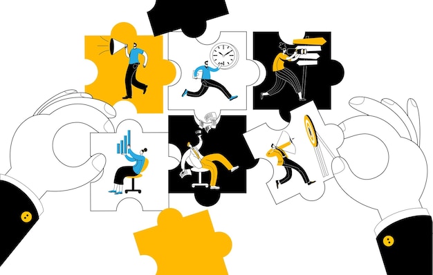 Vettore le grandi mani assemblano i puzzle con i personaggi diversi dipendenti fanno i loro affari nel puzzle
