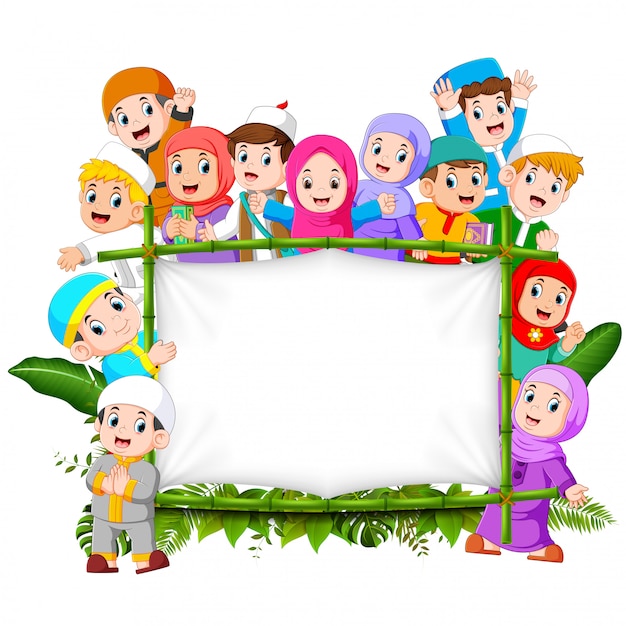 Vector a big happy family are holding the jungle wooden frame