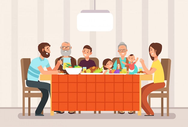 Vector big happy family eating lunch together in living room cartoon illustration