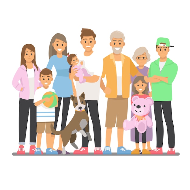 Vector big happy family portrait.   people. father, mother, grandfather,grandmother, children and pet.