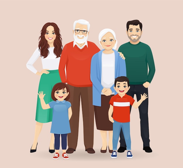 Vector big happy family with grandparents and children vector illustration isolated.