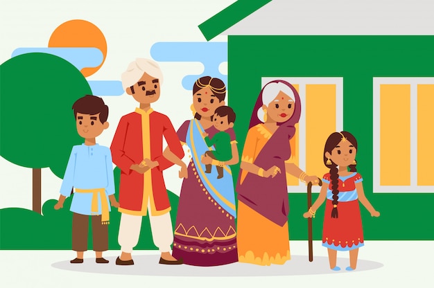 Vector big happy indian family in national dress vector illustration. parents, grandmother and children cartoon characters.