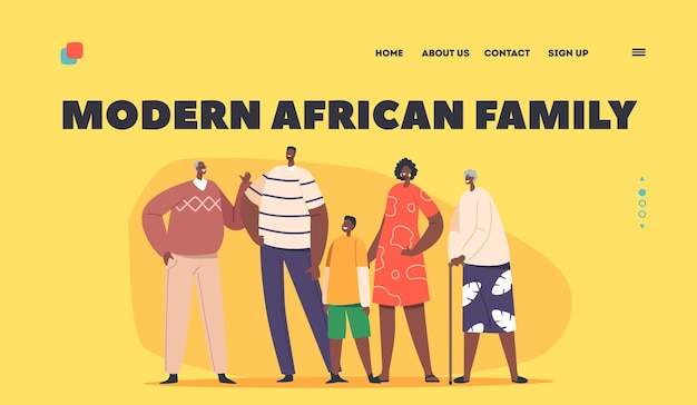 Grande felice moderna famiglia africana modello pagina di destinazione personaggi genitori nonni e bambini stanno insieme