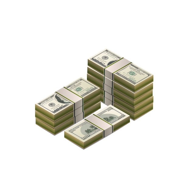 Big heap of one hundred US dollars banknotes, detailed coupure in isometric view on white