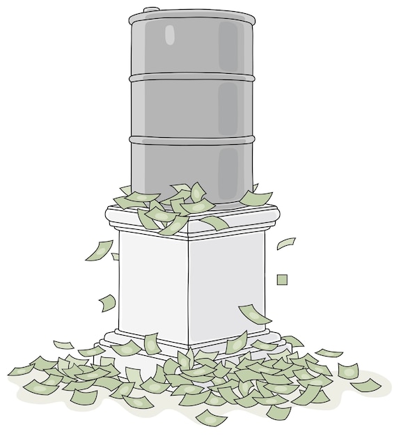 Vector big and heavy oil barrel on a pedestal among a pile of money
