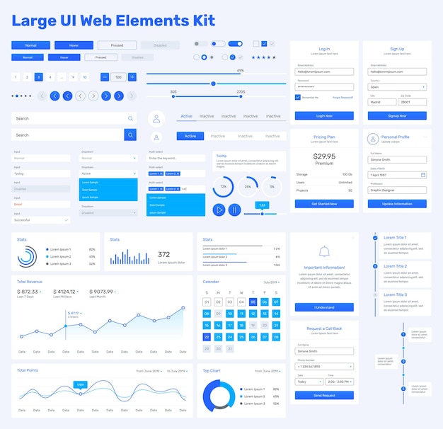 Big, huge, enhanced ui kit for web design, mobile apps with the different buttons, graphics, diagramms, menu, search, tabs and other.