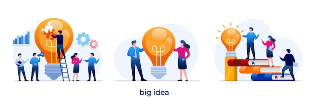 Big idea concept bulb light innovation brainstorming startup creativity entrepreneur and business flat illustration vector