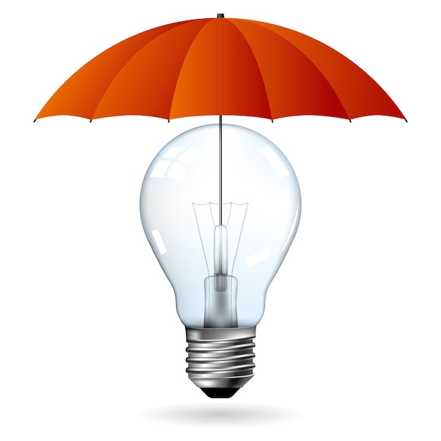 Grande idea di design, lampadina sotto la protezione dell'ombrello. lo sfondo è bianco.