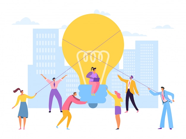 big idea support teamwork,  illustration. business people man woman character  creative project together, employees
