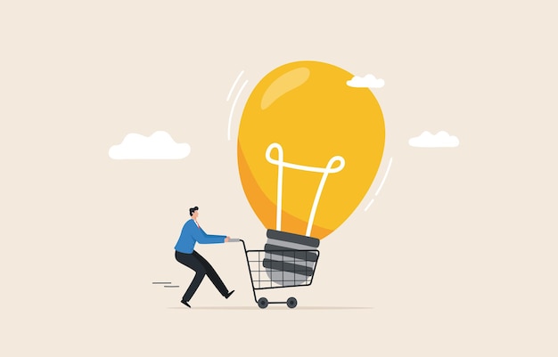 Big ideas creativity and innovation in problem solving businessman uses a trolley to transport a large light bulb