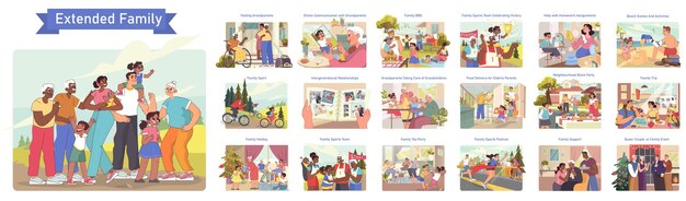 Vector big intergenerational family set grandparents mother father and kids together extended family events