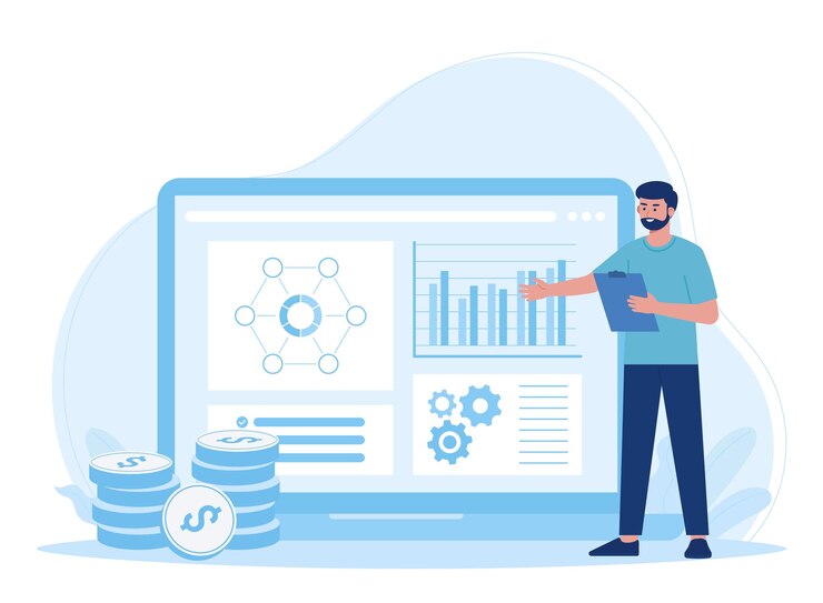 Vector big isolated employee working in office workplace concept flat illustration