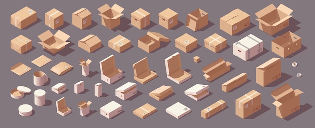 Big isometric carton box set Different types of cardboard boxes Box for goods delivery and gifts Vector illustration