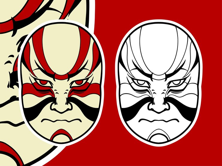 Vector big japanese white mask elements isolated on red background