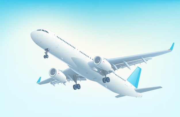 Vector big jet airplane with two engines before landing front side view detailed vector illustration