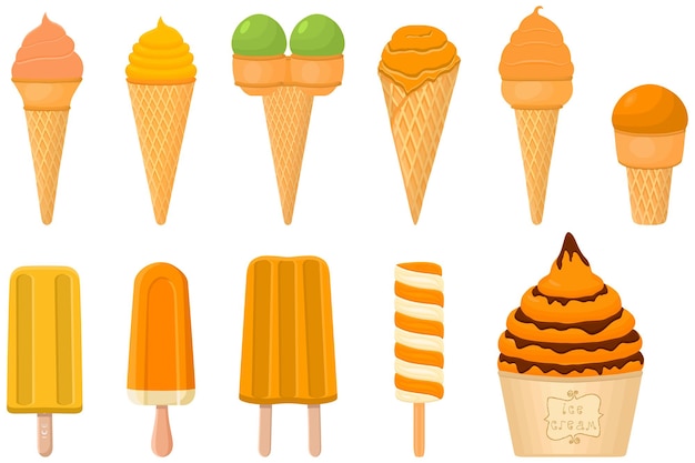 big kit ice cream popsicle different types in cone waffle cup