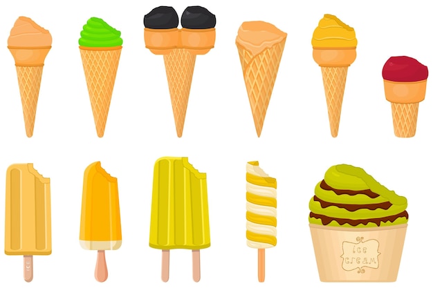 big kit ice cream popsicle different types in cone waffle cup