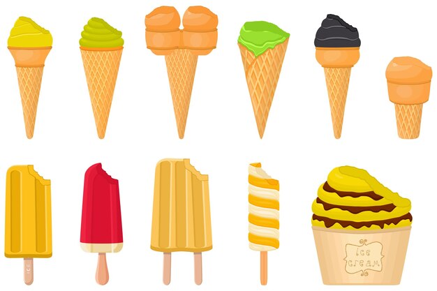 Vector big kit ice cream popsicle different types in cone waffle cup