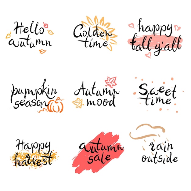 Big lettering set autumn quotes with decorative elements isolated on white background Hello autumn