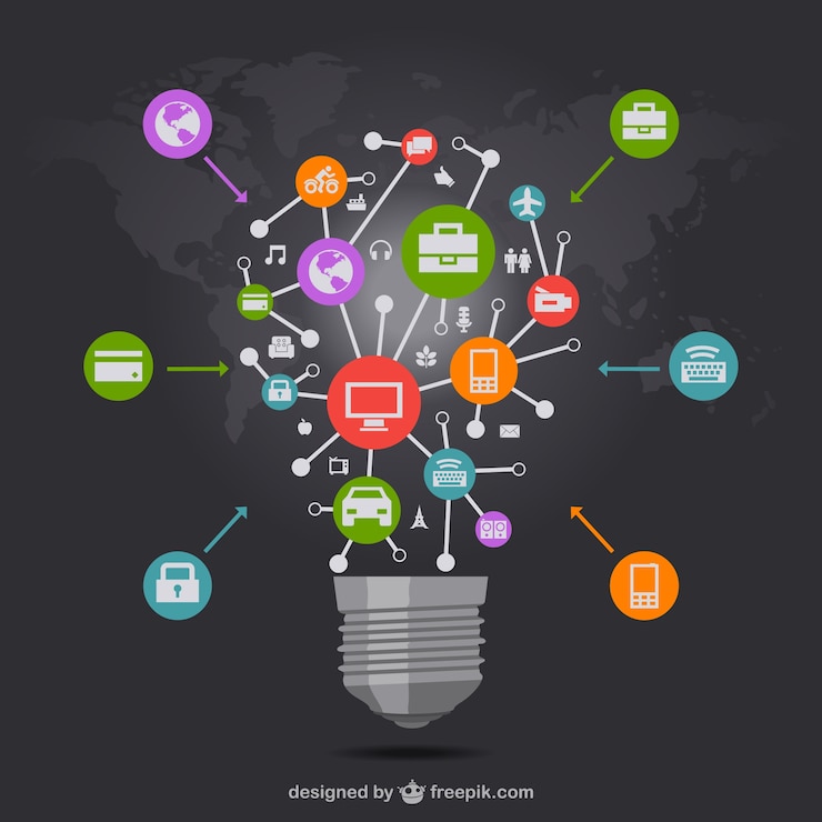 Vector big light bulb connected to business icons
