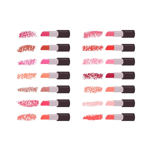 Vector big lipstick set on white background and pink red and purple smears
