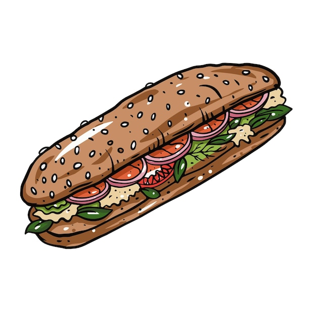 Grande panino lungo disegnato a mano colorato stile realistico contorno nero schizzo illustrazione vettoriale isola...