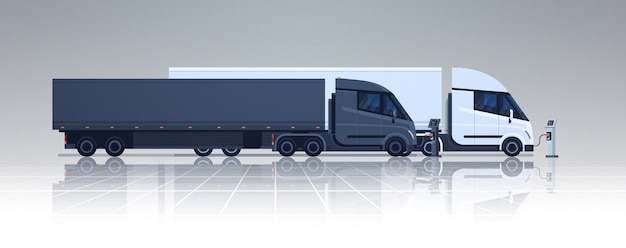 Vector big lorry semi truck trailers charging at electic charger station banner horizontal