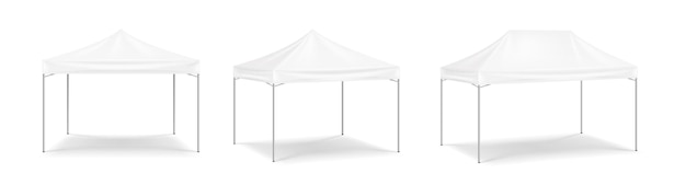 Vector big mobile marquee set for trade show, weddings and events. promotional outdoor event pop up white tent. realistic d mockup, template isolated on white background. vector illustration