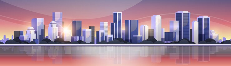 Vector big modern city building skyscraper panoramic view sunset