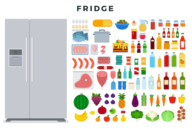 Vector big modern closed refrigerator and set of various food