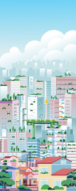 Vector big modern eco friendly green city landscape cityscape skyscrapers vertikal office buildings