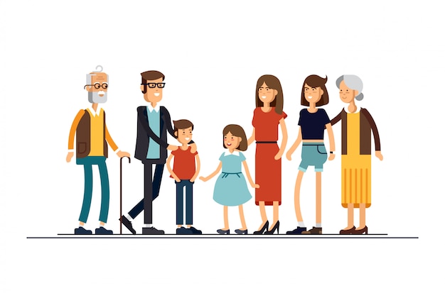 Большая современная семейная иллюстрация. Родственники стоят вместе. Бабушка и дедушка, мама, папа, братья и сестры