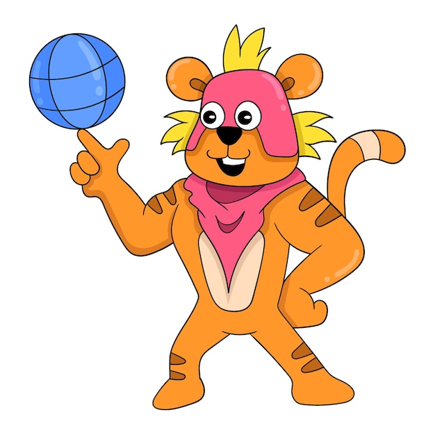 Grande tigre muscolare che tiene pallacanestro doodle icona immagine kawaii