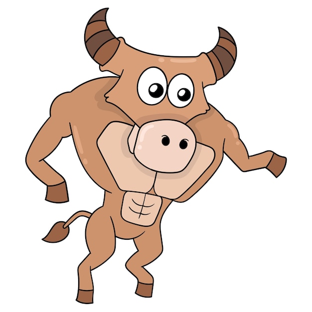 Вектор Большой мускулистый бык каждый день занимается фитнесом в тренажерном зале, векторное иллюстративное искусство. изображение значка каракули каваи.