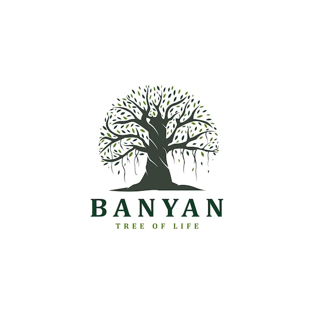 Big oak banyan tree vintage vector illustration