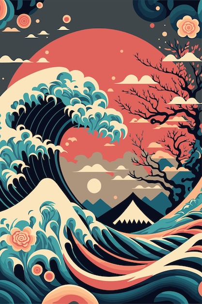 Большая океанская волна с солнечным плакатом в векторной иллюстрации японского стиля