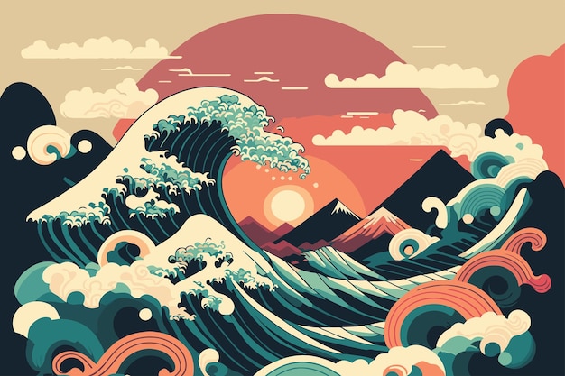 Big ocean wave with sun poster in japanese style vector illustration