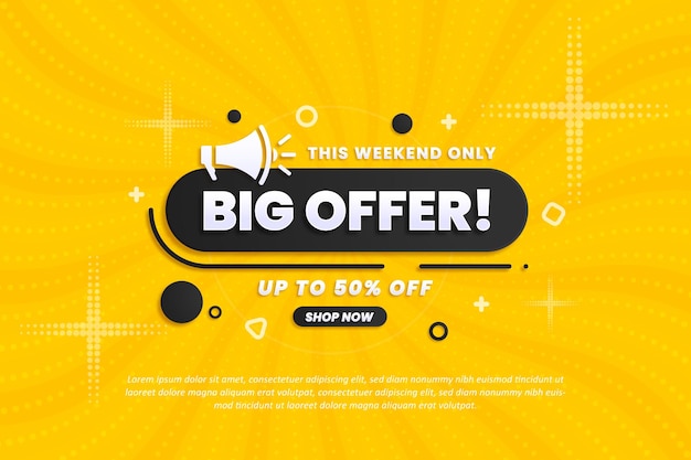 Big offer banner design template with discount isolated on yellow abstract background