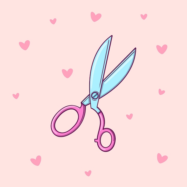 Vector big old tailor scissors on pink background with hearts.