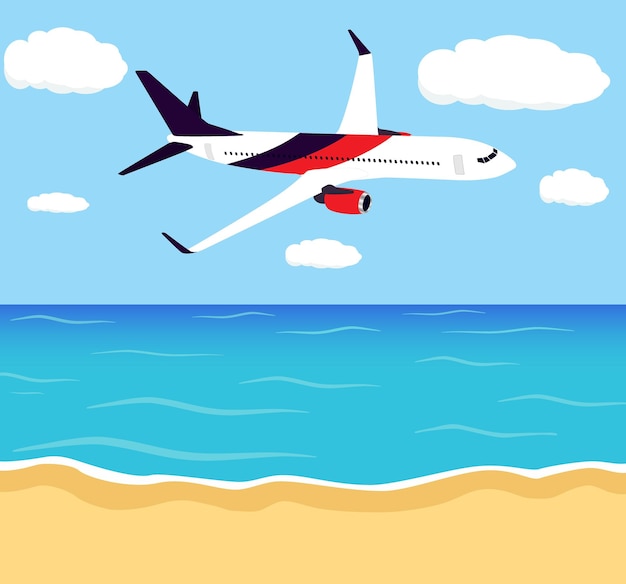 Vector big passenger airplane in halfprofile flying in the sky above the seashore travel tourism