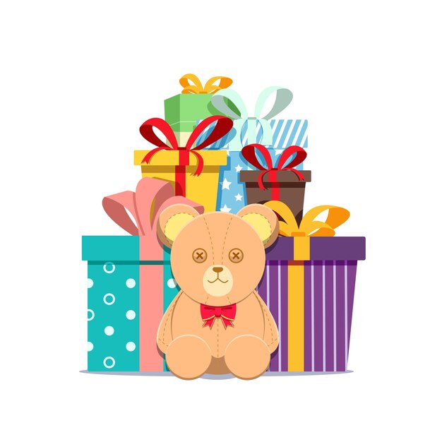 Big pile of colorful wrapped gift boxes with ribbons and teddy bear doll Lots of presents Flat style vector illustration isolated on white background