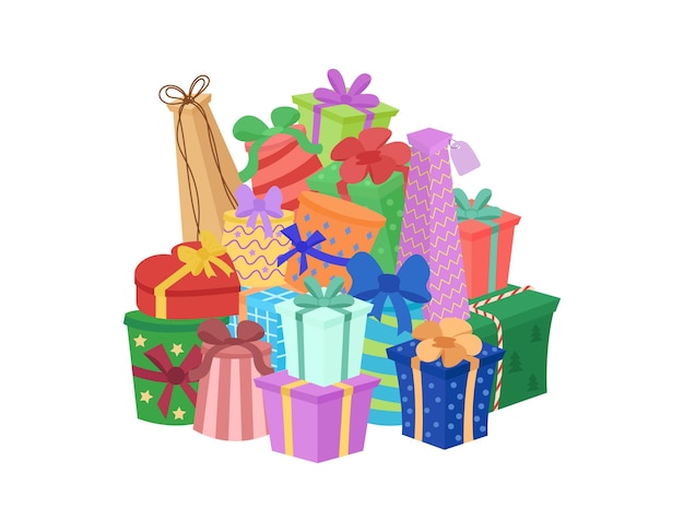 Vector big pile of gift boxes. heap of colorful giftbox presents isolated on white background. vector illustration.