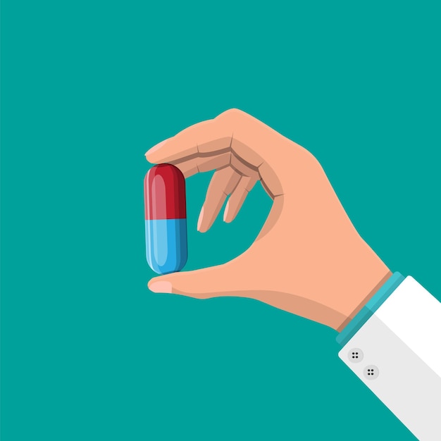 Vector big pill for illness and pain treatment in hand of doctor. medical drug, vitamin, antibiotic. healthcare and pharmacy. vector illustration in flat style