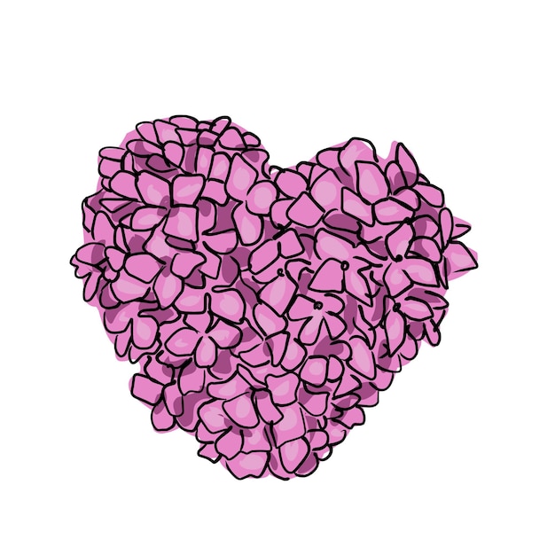 A big pink heart made of small flowers cartoon sketch on a white background