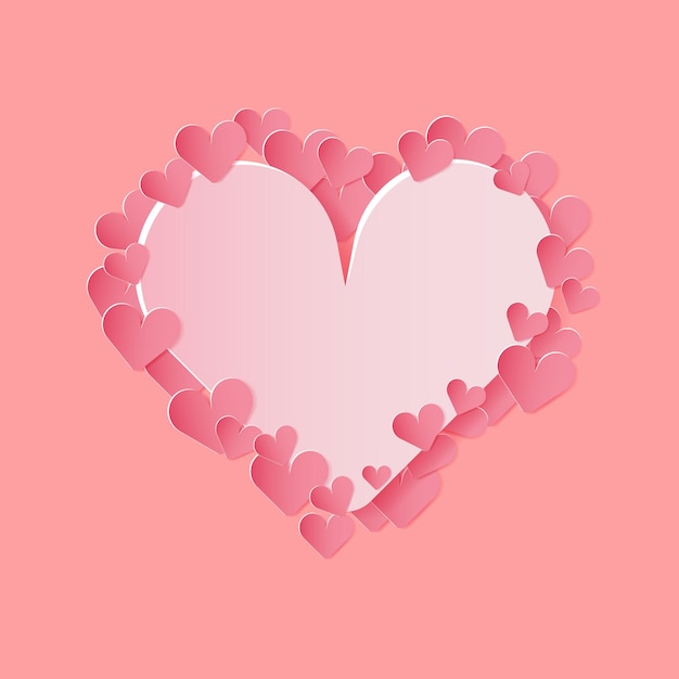 ベクトル ピンクの背景に多くの小さな心で華やかな大きなピンクのハート 幸せなバレンタインデーのモックアップ グリーティング カードとバナー コピー スペース紙カット ベクトル
