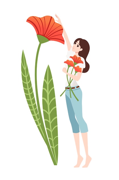 Vector big poppy flower and women in casual clothes abstract cartoon character design flat vector illustration on white background.